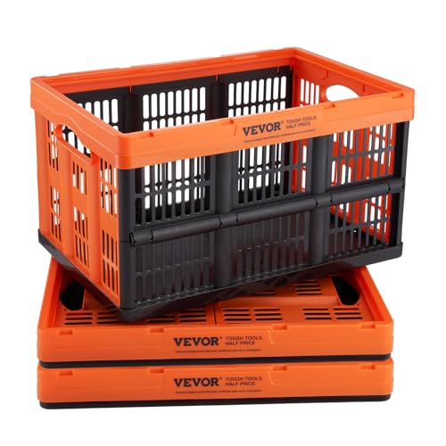 VEVOR 45L Orange & Black Collapsible Storage Basket - Folding Plastic Crate, Pack of 3