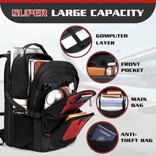Large Travel Backpack, 50L Laptop Backpack for Men 17.3 Inch, TSA Approved, Heavy Duty with USB Charging, Anti Theft for College Business Work, Red