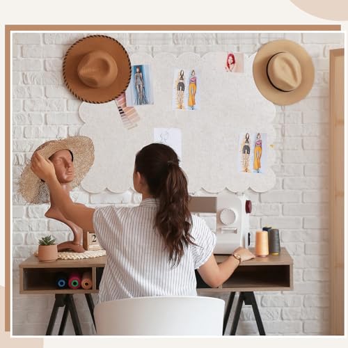 Scalloped Felt Bulletin Board 36 x 24 Inches Foldable Beige Pin Cork Board Alternative for Wall, 3' x 2' Trifold Picture Vision Self Adhesive Bulletin Decorative
