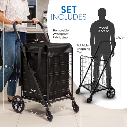 SereneLife Large Folding Utility Shopping Cart with Removable Liner – Black, 110 lb