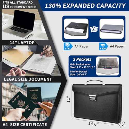 Heat & Water Resistant Fireproof Document Bag w/2 Pockets, Lockable Fire Proof Money Box w/Zipper, 700 Sheet Capacity Safe Storage for Home Office Important Documents Cash & Laptop, Black, Legal Size
