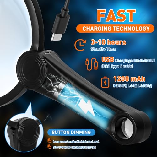 Rechargeable Magnifying Glass with Light 30X 40X 60X - Large 5.2-Inch, Black