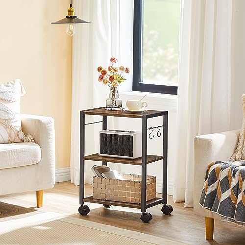 Printer Stand, 3-Tier Under Desk Rolling Cart with Storage Shelf, Heavy Duty Printer Table with Wheels for Home and Office, Printer Shelf with 2 Hooks, Small Spaces, Rustic Brown PTHR4001Z
