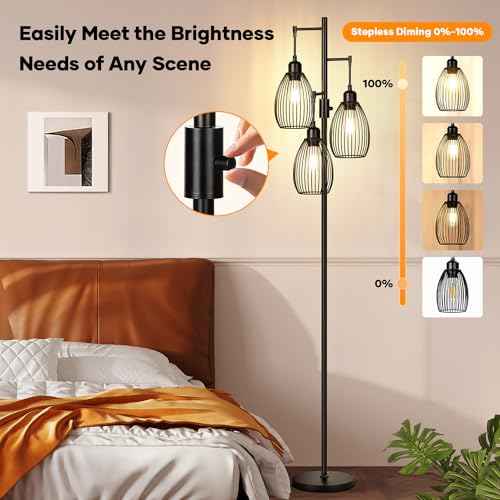 Dimmable Floor Lamp, 3 x 800LM LED Edison Bulbs Included, Farmhouse Industrial Floor Lamp Standing Tree Lamp with Elegant Teardrop Cage Tall Lamps for Living Room Bedroom Office Dining Room-Black