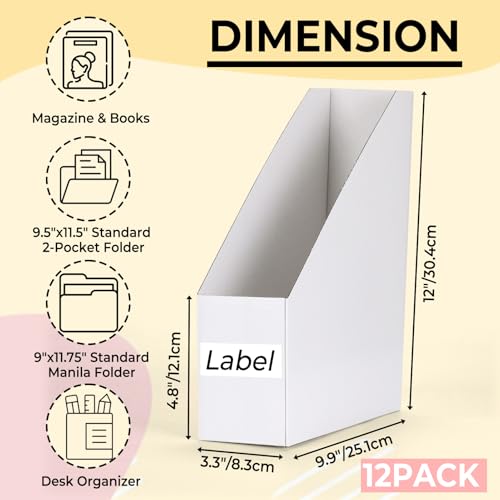 EXYGLO 12 Pack White Magazine File Holder, Foldable Cardboard Magazine Rack 9.9x3.3x12 Inches (With 12 Labels) – Office & Desk Organizer