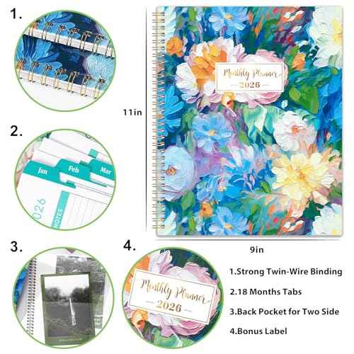 2026 Monthly Planner - 2026 Planner, Jan. 2026 - Dec. 2026, Monthly Planner 2026, 9" x 11", 2026 Calendar Planner with Twin-wire Binding + Green Tabs + Back Pocket - Floral