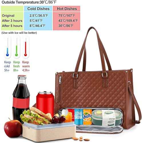 Laptop Tote Bag with Insulated Lunch Compartment for Women, 15.6 Inch PU Leather Briefcase with Leakproof Lunch Box Pocket