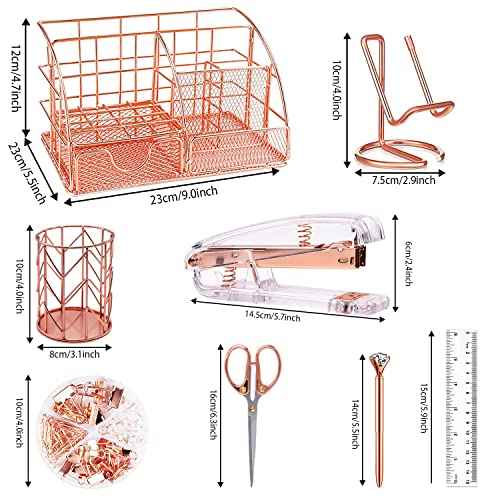 Rose Gold Desk Organizers and Accessories Office Supplies Set Stapler, Pen Holder, Phone Holder, Scissors, Pen, Ruler, 30 Paper Clips, 22 Binder Clip, 20 Tacks and 1000pcs Staples