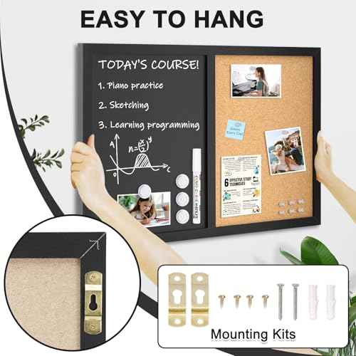 4 THOUGHT Chalkboard Corkboard Combo, 24" x 36" Bulletin Cork Board Magnetic Chalk Board for Wall Combination Board Black Frame Double Use Black Board Cork Board 1 Marker 4 Magnets 10 pins