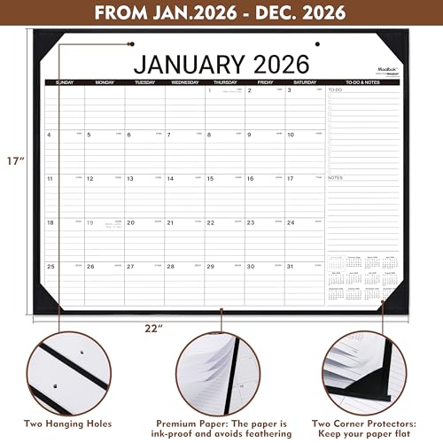 2026 Desk Calendar - Large Desk Calendar 2026, Jan. 2026 - Dec. 2026, 22" x 17", 2026 Calendar, 4 Corner Protectors, 2 Hanging Holes, Holidays, Julian Dates, TO-DO & Notes Section
