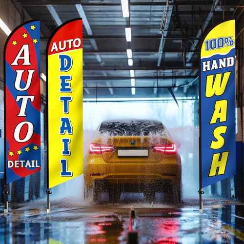 3 Pack Car Wash Sign Feather Flag 12 x 2.5 ft Auto Detail Hand Wash Windless Flags Large Advertising Feather Flag for Business Advertising