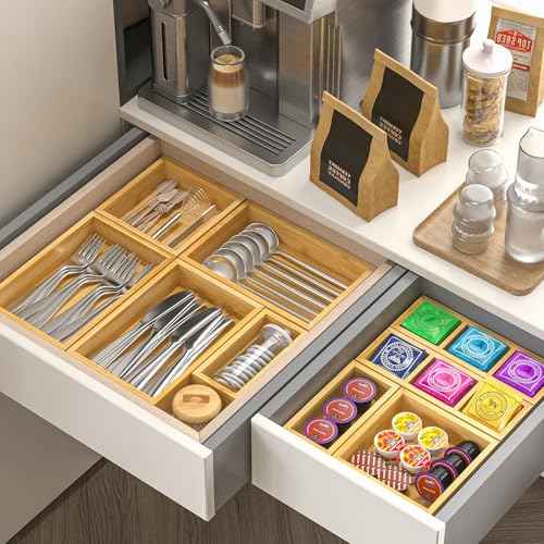 Bamboo Drawer Organizer, Set of 9 Wood Kitchen Junk Tea Desk Office Tray, Wooden Storage Boxes Organizers for Bathroom, Office (2" H 9 Boxes)