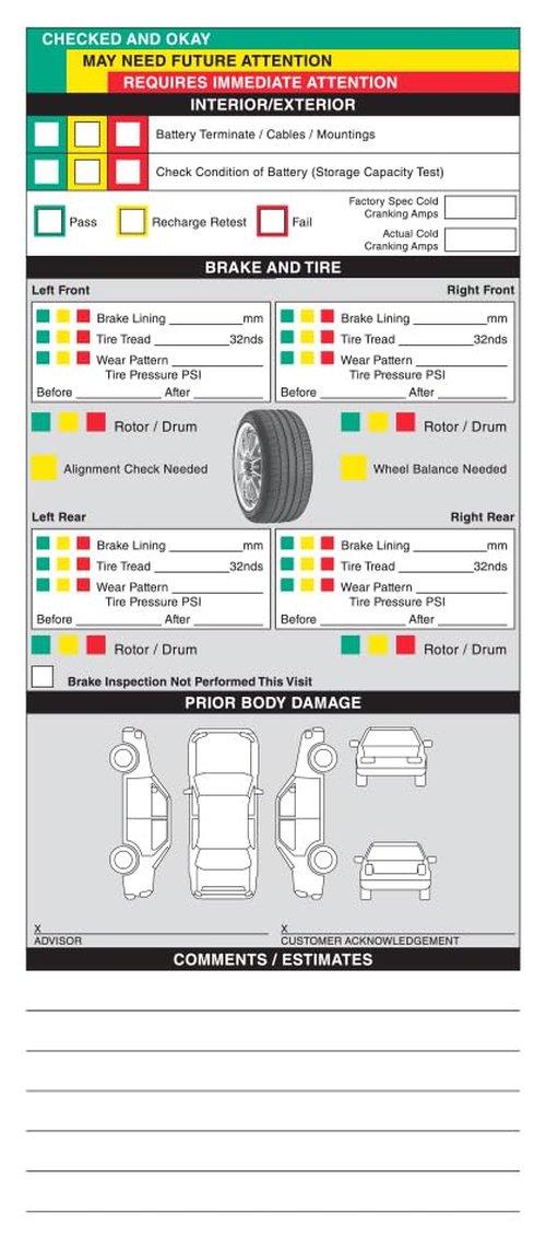 Visual Vehicle Inspection Report 2 Part Carbonless Vehicle Checklist (Generic) - General Vehicle Checkup Report - 8-1/2"×11" Snap-Out - White, Canary (Pack of 250)