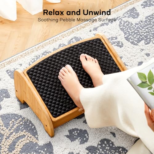 HUANUO Bamboo Under Desk Footrest with 4 Heights and Massage Texture - 16.93 x 11.34 x 6.89 in