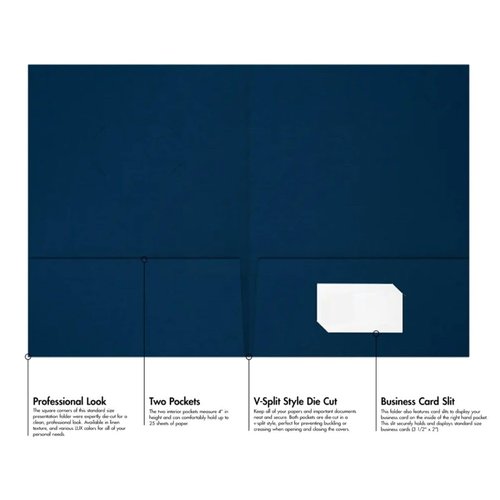 LUXPaper 9" x 12" Presentation Folders | Two Pocket | Front Cover Card Slits (Center) | Nautical Blue Linen | 100lb. Cover | 25 Qty