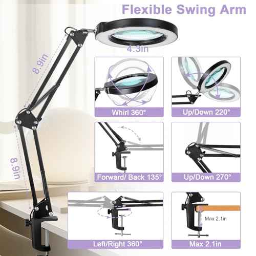 10X Magnifying Glass with Light and Clamp, Real Glass Lens, 5 Color Modes LED Dimmable Magnifier, Hands Free for Crafts, Jewelry, Painting, Sewing, Close Work