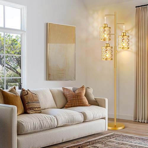 68" Dimmable Floor Lamp, Modern Standing Lamp with Elegant Metal Cage, Industrial Tall Tree Floor Lamps for Living Room, Bedroom, Study Room, Office (2000LM LED Bulbs Included) - Gold