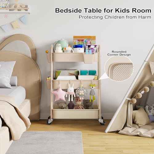 Beige 3 Tier Rolling Cart Metal on Wheels, Three Tiered Storage Organizer Utility Trolley with Wheels for Art, Craft, Baby Diaper Caddy, Snack, Book, Nail, Lash, Cleaning Supplies, Kitchen, Bathroom