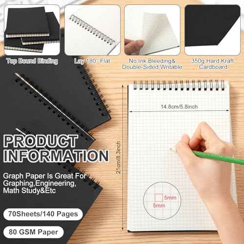 24 Pack Graph Paper Spiral Notepad A5 Top Wirebound Notepad Grid Notebook Steno Pads Memo Notebook Grid Paper 140 Pages for Writing Sketching Drawing Office Supplies (Black)