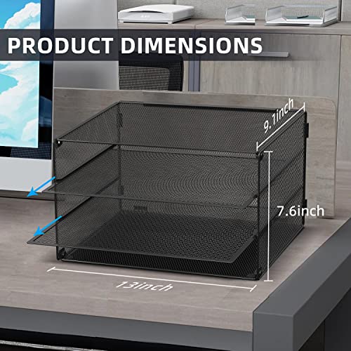 DALTACK Black 3-Tier Letter Paper Organizer with Sliding Mesh Trays - Space Saving Desk Storage