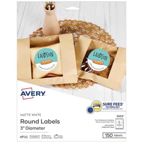 Avery Printable Round Labels, Sure Feed Technology, 3" Diameter, Matte White, Permanent Adhesive, Laser/Inkjet Printable, 150 Blank Labels, Great for Product Merchandising, Favors, and More (5655)