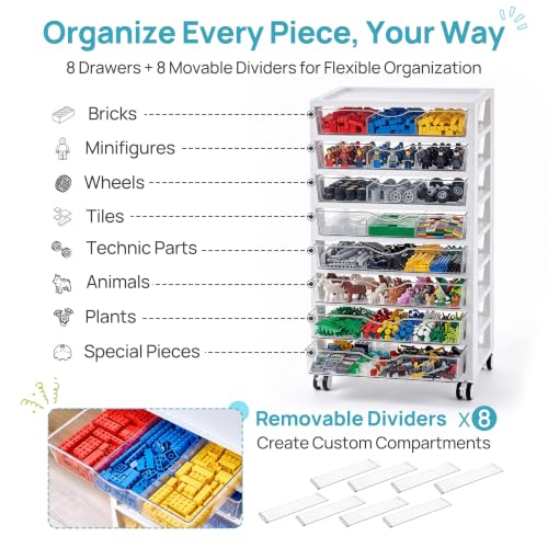 Vtopmart 8-Tier Rolling Cart with Drawers, Clear Plastic Storage, Includes 8 Movable Dividers