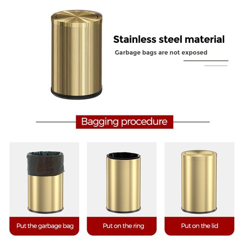 LEASYLIFE Small Trash Can with Flipping Lid，Gold Bathroom Trash can with lid，2.4gallon,Brass Trash can for Bathroom,Laundry，Hotel，Office， Laundry Room ，Metallic Gold (Single)