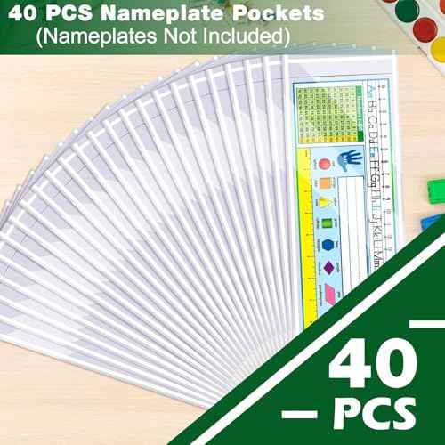 Meetory 40 PCS Upgraded Nameplate Pocket, 18.5" x 4.9" Self Adhesive Desk Nameplates Name Tag- Pocket, No Residue Clear Plastic View Name Tag- Sleeves for Classroom Desk, Office Supplies.