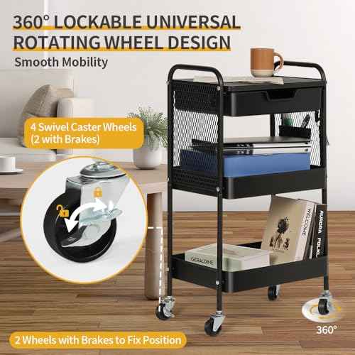 3-Tier Rolling Cart with Drawer, Metal Utility Storage Cart Organizer with Lockable Wheels&Hanging Cups&Hooks, Mobile Storage Craft Carts Trolley with Mesh Shelves for Kitchen, Office-Black