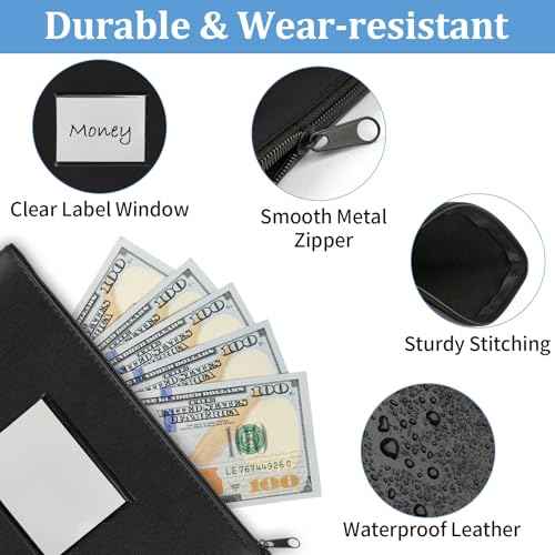 2 Pack Money Bags with Zipper, Bank Pouch with Label, 11 x 6.1 Inch PU Leather Cash Deposit Holder for Coins, Invoice, Bills, Cosmetics, Tools (Black)