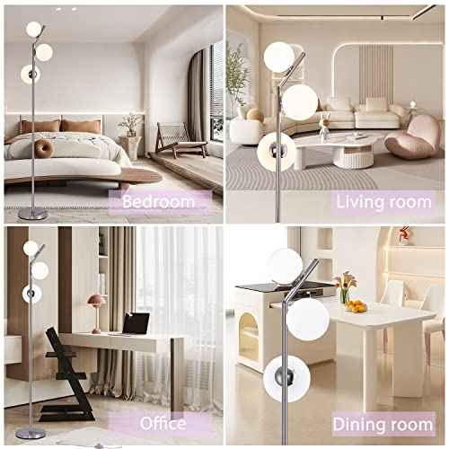 Modern Floor Lamp, LED Standing Tall Pole Lamp with Glass Shade, Elegant Mid Century Modern Floor Lamps for Living Room,Bedroom,Office,3 Lights (Bulbs Included)