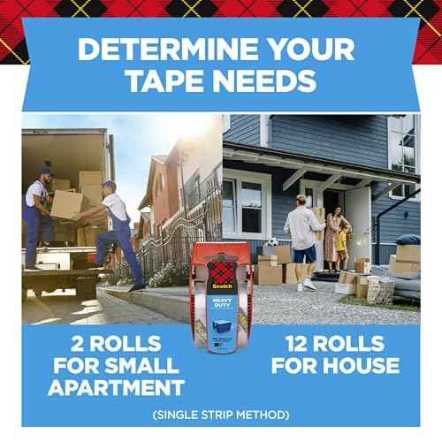 Scotch Heavy Duty Packaging Tape 12 Rolls (1.88" x 22.2 yd, 1.5" Core) - Clear Packing Tape with Dispensers, Strong Adhesive for Shipping, Moving & Mailing, Durable Easy-Unwind Design
