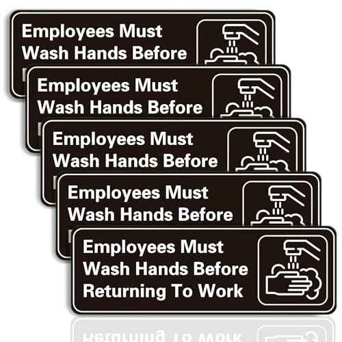 5 Pack Employees Must Wash Hands Sign,9 X 3 Inch Waterproof Acrylic Sign With Symbols,Self-Adhesive,Indoor/Outdoor Use for Hotels,Restaurants,Rest Areas,Salons,Public Restrooms