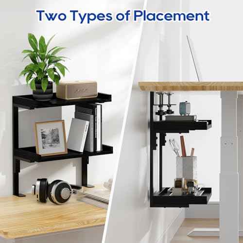 Clamp On Desk Shelf 2-Tier, 12.5 inche Wood Shelving Unit for Office Desk/Gaming Accessories, Tabletop Book Storage Rack, Shelf for Top & Under of Desk, Black