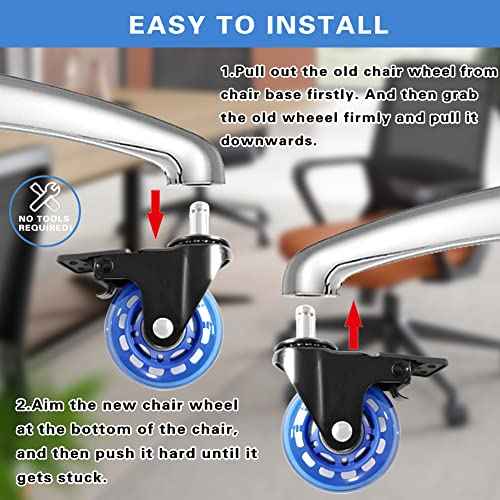Office Chair Wheels with Brake, Wheels Smooth Rolling Heavy Duty Casters Safe for Hardwood Floors & Carpet, Replacement Rubber Chair Casters Smooth & Quiet Universal Stem 7/16" Blue Set of 5
