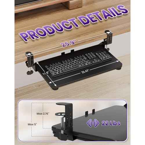Ergonomic Mouse & Keyboard Tray Under Desk, Pull Out with Adjustable C-clamp, 20 (25.9 Including Clamps) x 11.8 Inch Slide Out Computer Keyboard Drawer Mouse Tray for Typing, Black