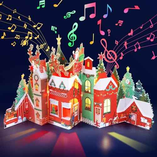 JOYJOM 3D Pop Up Christmas Cards, Musical Christmas Cards with Envelopes, Lights and Note Tag for Kids Wife Mon Dad Friends,21" x 11.4" (Village Santa and Reindeers)