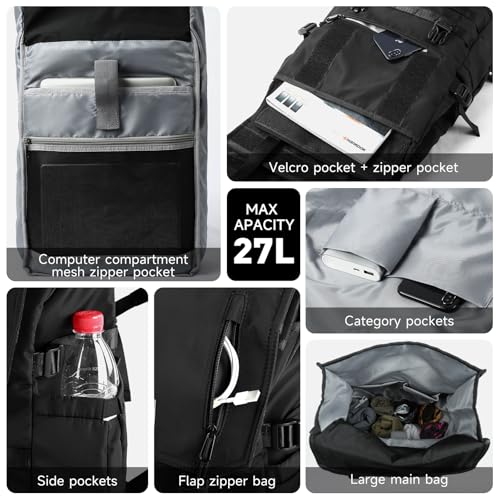 Rolltop Backpack for Men Flap Rucksack Expandable Fits 17 inch Laptop Roll Top Backpack for Commute Travel Hiking Urban Black (3 in 1)