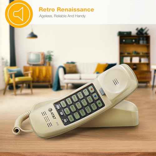 AT&T TRIMLINE 210 Corded Home Phone, No AC Power Required, Improved Easy-Wall-Mount, Lighted Big Button Keypad, 13 SpeedDial Keys, Last Number Redial, Mute, Flash, Volume Control, Beige