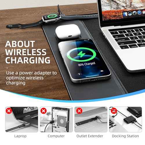 3 in 1 Wireless Charging Mouse Pad, Gaming Mousepad with Wireless Charger Multiple Devices Compitable with Watch/iPhone/Airpods, Large Desk Mat 80 x 40cm,Desk Pad for MacBook, PC, Laptop-Black