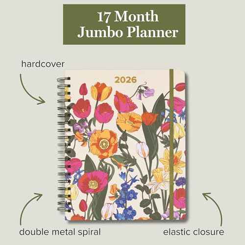 2025-2026 Jumbo Planner Daily Weekly & Monthly, 17 Month Hardcover Agenda Dated Aug 2025-Dec 2026, Cute Planner with Stickers, Pockets, & Spiral Binding, Meadow Bouquet Seedpearl