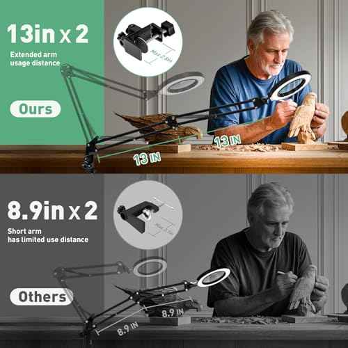 12X Long Arm Magnifying Glass with Light, 5 Color and Brightness LED Desk Lamp with Large Clamp, Hands Free Magnifier Light and Stand for Workbench Crafts Reading Hobby Close Work