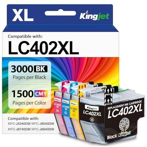 Kingjet Compatible LC402XL Ink Cartridges for Brother Printer Replacement for Brother LC402XL LC402 LC402 XL for Brother MFC-J5340DW MFC-J6540DW MFC-J6940DW Printer, 4 Pack(BK/Y/M/C)