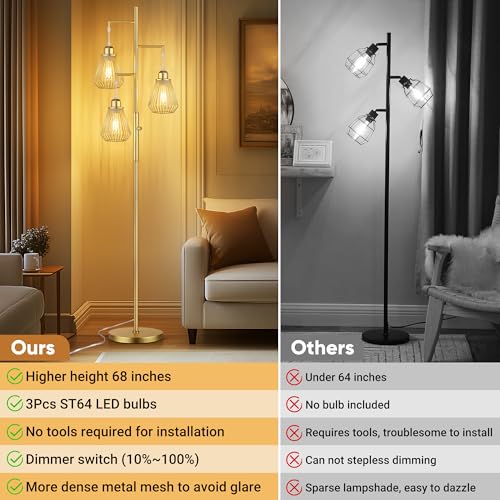 QiMH Industrial Floor Lamps for Living Room, Tree Standing Lamp with Stepless Dimmable, 68" Modern Tall Lamps for Bedroom Study Home Office, Rotary Switch, 3 LED Bulb Included, Gold