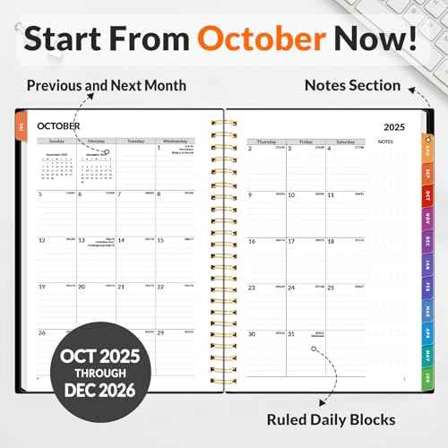 SUNEE 2026 Weekly and Monthly Planner - from January 2026 - December 2026, 6.4" x 8.3" Daily Agenda Planner with Monthly Tab, Flexible Cover, Note Pages, Pockets, Bookmark, Spiral Binding, Black