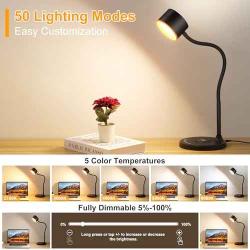 LED Desk Lamp with Wireless Charger, USB C + A Charging Ports, Eye-Caring Metal Bedside Lamp, 5 Colors Stepless Dimmable Reading Lamp, Touch Table Lamp Gooseneck Lamp for Home Office Dorm Black
