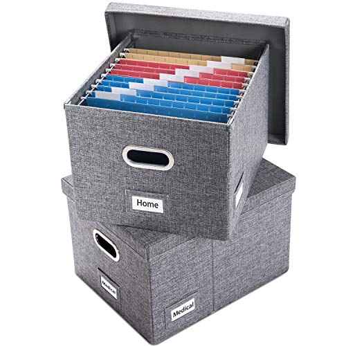 PRANDOM File Organizer Box - Set of 2 Collapsible Decorative Linen Filing Storage Hanging File Folders with Lids Office Cabinet Letter/Legal Size Grey (17x14x11.2 inch)
