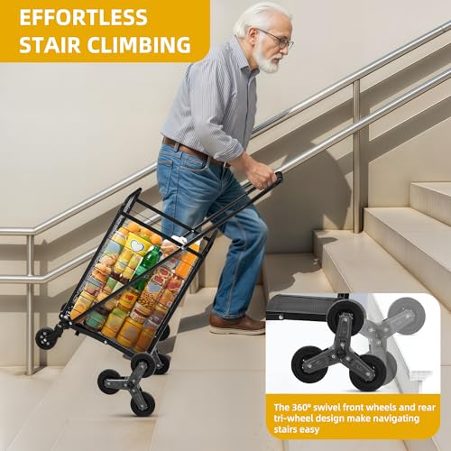 DWVO Folding Stair Climber Shopping Cart, Tri-Wheel Design & 360¡Æ Swivel Wheels, Ideal Heavy Duty Utility Cart for Shopping, Laundry, Travel & Stairs for Seniors