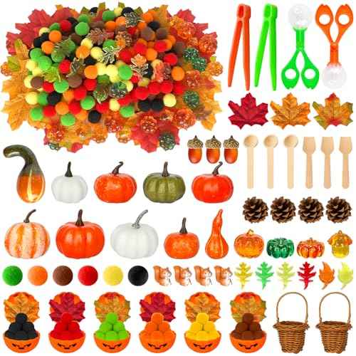 430 Pcs Thanksgiving Fall Sensory Bin Filler Fine Motor Counting and Color Sorting Kit Pumpkin Bowls Woven Baskets Pompom Maple Leaves Squirrels Pumpkins Acorns Pine Cones for Autumn Party Decor