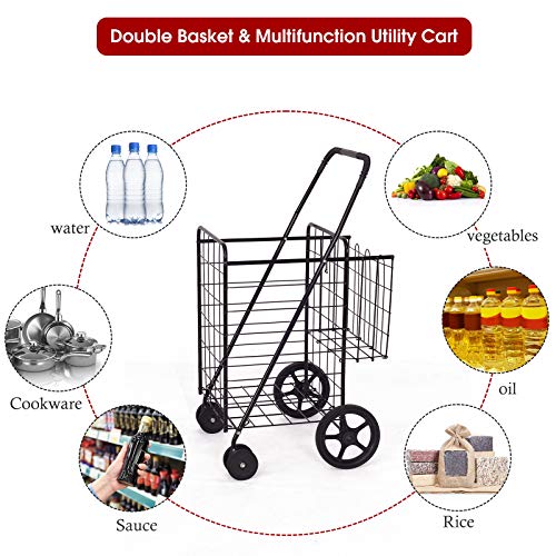 Black Folding Shopping Cart, WATERJOY Mobile Fold Shop Basket with Dual Swivel Wheels Portable Rolling Trolley Push Cart